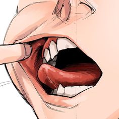 a drawing of a woman's mouth with her finger on the lip and tongue sticking out