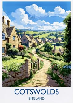 a poster with the words cotswolds in english and an image of a village