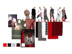 a collage of fashion images with red, black and white colors in the background