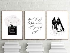 three black and white posters with high heel shoes, perfume bottle and roses on them