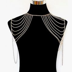 Body Shoulder Chain Multilayered Gold Tassels Link Harness Necklace Fashion Jewelry Boho Style, Sexy Beach Wear, Festival Wear Brand New In Package Bohemian Layered Clavicle Chain Necklace For Party, Adjustable Chain Layered Necklace For Party, Adjustable Layered Chain Necklace For Party, Elegant Double Chain Body Jewelry For Party, Silver Chain Necklace For Summer Parties, Trendy Layered Chain Necklace For Party, Gold Body Jewelry With Silver Chain For Parties, Trendy Double Chain Layered Necklace For Party, Summer Party Jewelry With Silver Chain