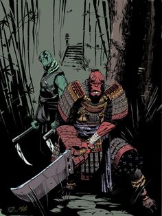 an image of a man in armor sitting on a bench next to another person holding a knife