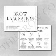 Save some time on creating your own cards with this aftercare brochure! Here is a DONE FOR YOU Brow Lamination Aftercare Card specifically created for brow artists. This is the perfect addition to your aftercare kit; clean, clear, and so easy for your clients to follow for the best results. Looking for more aftercare cards and templates so you don't have to worry about coming up with your own? More to come for PMU Lips (Blushing & Neutralization), Brows, Brow PMU treatments as well as Client Waiver forms, Policy forms, Consent forms, and more! ABOUT THIS TEMPLATE - order directly from Canva OR print it double sided and fold in half! - it fits perfectly in a 6"x9" baggy for your aftercare kit - no need to edit but you can if you'd like! Saves you time since it's all done for you! - change u Brow Lamination Aftercare, Brow Aftercare, Salon Decor Studio, Pmu Lips, Aftercare Cards, Microblading Aftercare, Lip Blushing, Esthetician Room, After Care