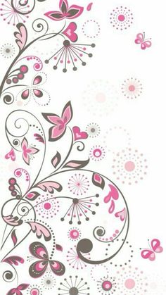 an abstract floral design with pink flowers and butterflies