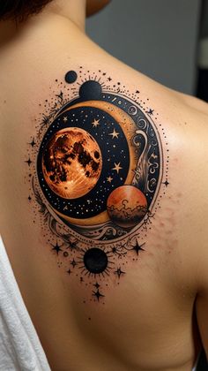 a woman with a tattoo on her shoulder and chest is looking at the moon, planets and stars