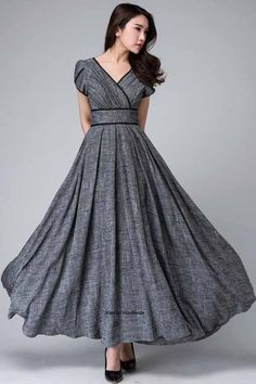 This party dress, Chic and Feminine, is a Must-Have for 2018 . A empire dress design ,with surplice neckline and petal sleeve, especially the Black lace detail make this dress so lovely. The fitted waist and gather pleated long skirt make a great silhouette. Wear this unique long dress for your next evening party. Gray Maxi Dress, Plain Maxi Dress, Black Linen Dress, Pleated Long Skirt, Garden Party Dress, Grey Maxi Dress, Empire Waist Dress, Empire Dress, Linen Dresses