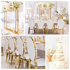 a collage of photos with white and gold wedding decorations, chairs, and cake