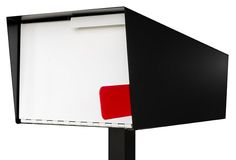 a black and white mailbox with a red square on the front cover is shown