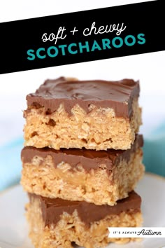 three pieces of chocolate and peanut butter squares stacked on top of each other with text overlay