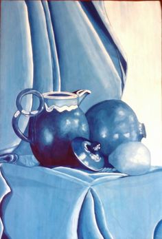 a painting of blue vases and other items on a table