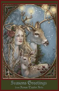 a woman and two deer in front of a christmas card with the words seasons greetings from renae copy arts