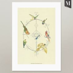 a painting of birds sitting on top of a circular object in the middle of a frame