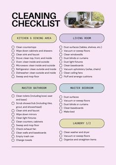 the cleaning checklist is shown on a pink background