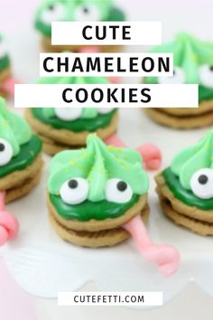 some cookies with green icing and googly eyes