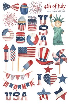 the fourth of july watercolor clipart set includes american flags, fireworks and cupcakes