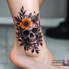 a woman's foot with a skull and flowers on it