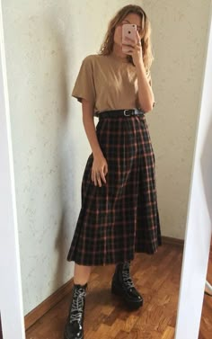 Punk Classy Outfits, Modest Punk Outfits, Whimsigoth Office Outfit, Midi Plaid Skirt Outfit, Warm Weather Winter Outfits, Modern Day Witch Outfit, Long Skirt Casual Outfit, Vintage Teacher Outfits, Alt Teaching Outfits