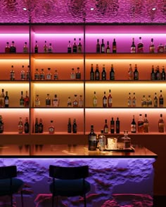 an illuminated bar with several bottles on the shelves