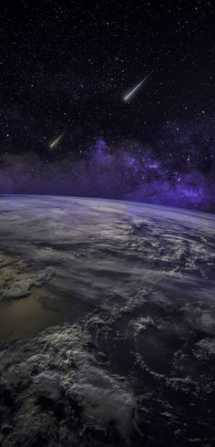 an image of the earth from space with some stars in the sky and clouds around it