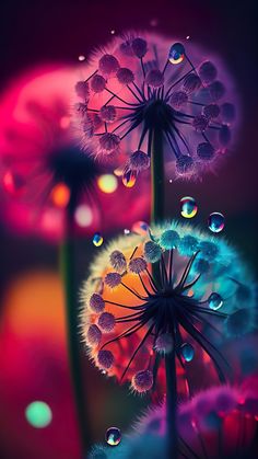 dandelions with drops of water on them in front of a red and blue background