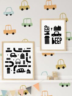 two children's wall decals with cars and trucks on them