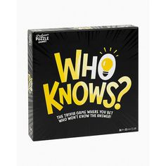 the board game who knows? is on display in front of a white background with yellow lettering