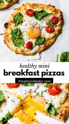 breakfast pizzas with eggs and spinach on top are shown in this collage