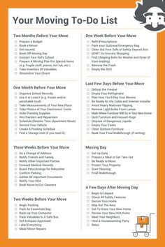 a moving checklist with the words, your moving to do list and an orange background