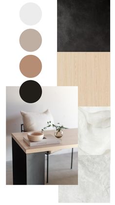 the interior design board is shown with neutrals, black and white colors on it