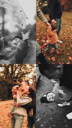 a collage of people holding umbrellas in the fall, and an image of two children