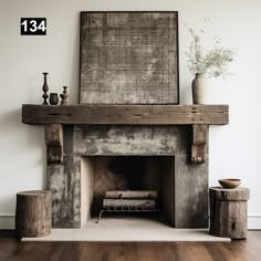 an old fireplace with some vases on top of it