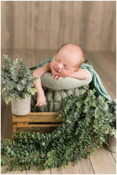 a newborn baby is sleeping in a basket with greenery