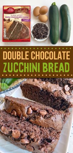 double chocolate zucchini bread on a white plate with other ingredients and text overlay