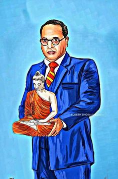 a painting of a man in a blue suit and tie holding a small buddha statue