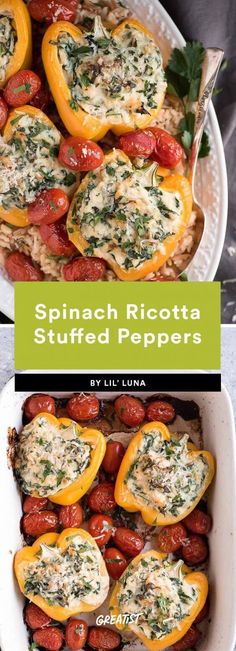 stuffed peppers in a casserole dish with spinach and tomatoes