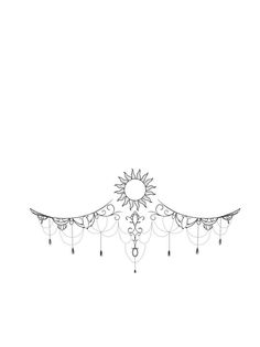 a line drawing of a sun and moon on the top of a pole with ornaments hanging from it