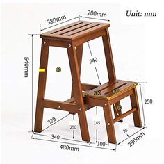 a wooden stool and table with measurements for the seat height, from top to bottom