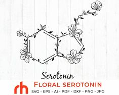 the floral serrotonin is drawn in black ink on a white wooden background