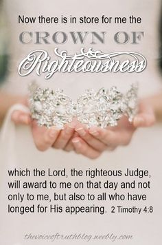 a woman holding a wedding ring in her hands with the words crown of righteousness