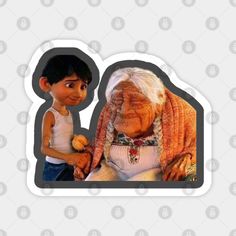 an old woman and young boy standing next to each other in front of a white background