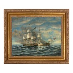 an oil painting of a ship in the ocean