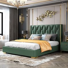 a bedroom with a green bed and gold accents