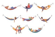 people are laying in hammocks and using laptops