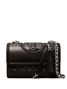 black leather silver-tone hardware diamond quilting embossed logo to the front foldover top leather and chain-link top handle Tory Burch Fleming Convertible Shoulder Bag, Shoulder Guard, Womens Designer Bags, Womens Designer Handbags, Tory Burch Handbags, Designer Shoulder Bags, Tory Burch Bag, Leather Tassel, Chanel Boy Bag