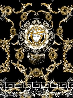 an ornate gold and black wallpaper with the word versa on it's center