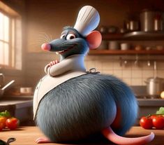 a cartoon mouse sitting on top of a wooden table next to tomatoes and other vegetables