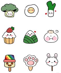 various stickers with different animals and food on the same sheeting, including an egg,