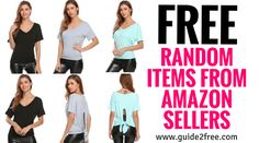 a woman in black leather pants and blue shirt with the words free random items from amazon sellers