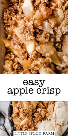 an easy apple crisp recipe in a skillet with ice cream on top and the title above it