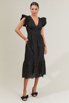 We can't deny that you and the Zayla Poplin Eyelet Midi Dress will look cute together! This maxi poplin dress features short ruffle sleeves followed by a deep v-neckline. The bottom tier has an eyelet design all around. It’s the perfect dress for anywhere you go!- Eyelet- Poplin- Cap sleeves- Pockets- Comes in 3 colorsSize + Fit - Model is 5'8" and wearing size XS- Measurements taken from size S - Chest: 17 1/2"- Length: 47 1/2" Fabric Self: 100% Cotton Contrast: 100% Cotton Lining: 97% Polyeste Eyelet Midi Dress, Black Eyelet Dress, Black Attire, Summer Black Dress, Poplin Dress, Eyelet Dress, Ruffle Sleeves, New Arrival Dress, Black Midi Dress